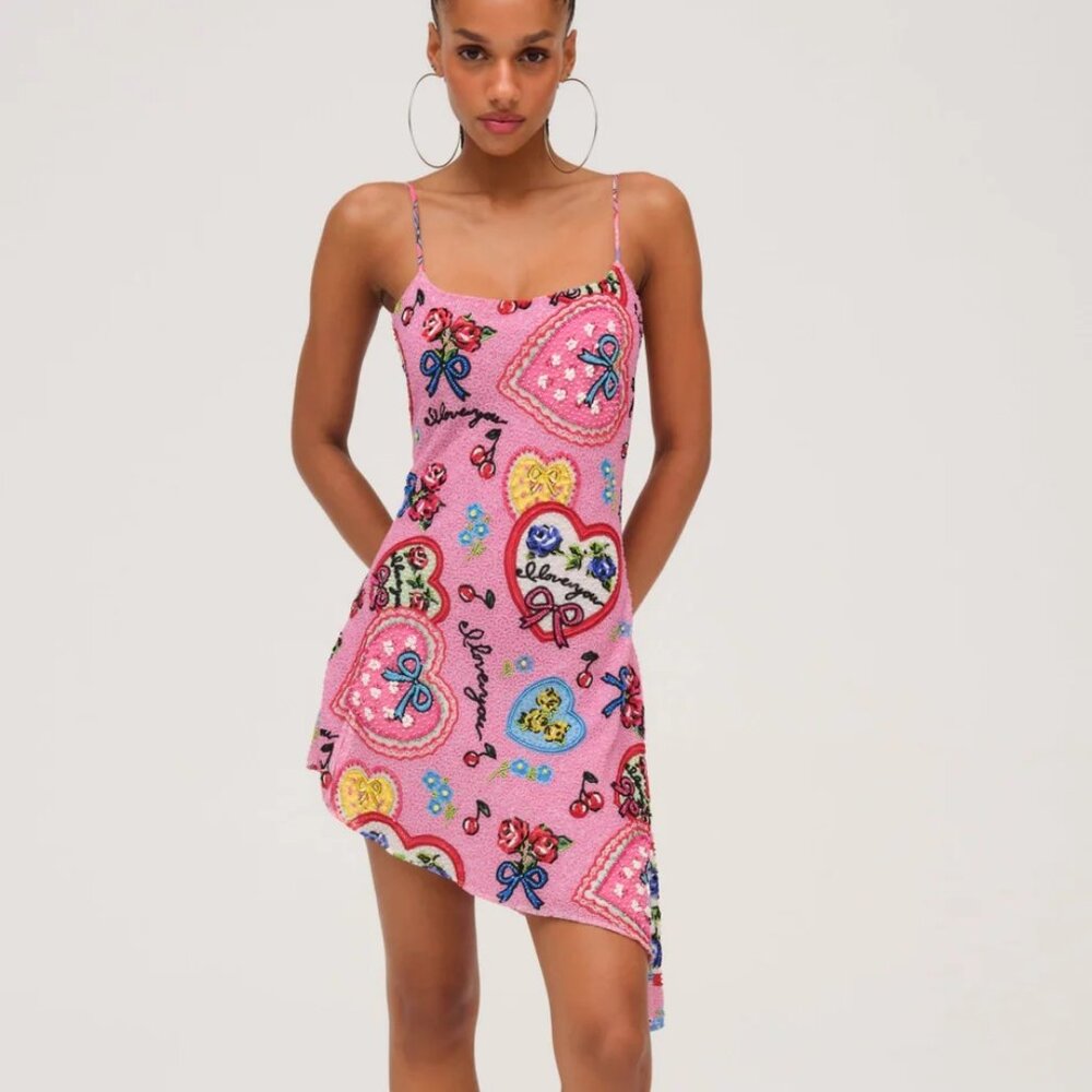 NWT FOR LOVE AND LEMONS I LOVE YOU BEADED PINK ASYMMETRICAL MINI DRESS
